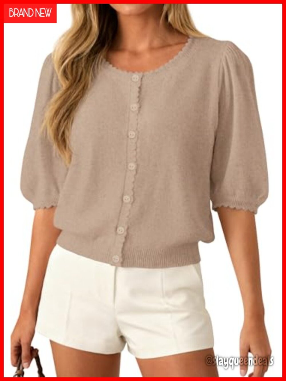 Women's Short Sleeve Lightweight Knit Cardigan with Puff Sleeves and Scalloped